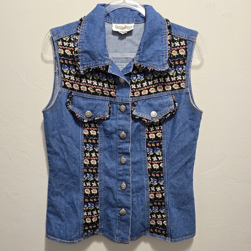 Vintage 90s Denim Cotton USA Vest Button Front Womens M - Picture 2 of 7